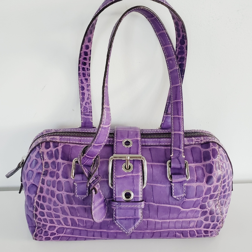 Dooney & Bourke Nile Collection Bowler Croc Leather Embossed Barrel Bowling Bag - Picture 2 of 15